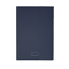 A navy blue leather refillable journal with a smooth finish and a logo on the cover.