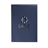 A navy blue leather refillable journal with a logo on the front cover, featuring a sleek, professional design.