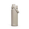 A drink bottle in a light beige colour with a lid and carry handle, featuring a brand logo.