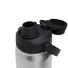 A drink bottle with a stainless steel body and black lid, featuring a spout and a secure cap.