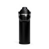 A drink bottle in black with a silver band and a handle, featuring a secure lid and a logo.