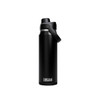 A drink bottle in matte black with a silver band and a handle, featuring a logo.