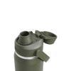 A drink bottle in olive green with a wide mouth and a flip-top lid, featuring a logo.
