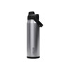 A drink bottle in stainless steel with a black cap and a logo, designed for easy chugging.