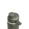 A drink bottle in olive green with a screw-top lid and a handle, featuring a logo on the side.
