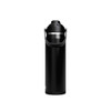A drink bottle in matte black with a silver band, featuring a handle and a screw-top lid. It has a logo.