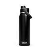 A drink bottle in matte black, featuring a screw-top lid and a carry handle, with a visible logo.