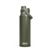 A drink bottle in matte olive green with a flip-top lid and a side handle. It features a brand logo.