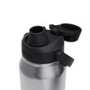 A drink bottle featuring a stainless steel body and a black cap with a spout. It includes a logo.