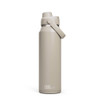 A drink bottle in a light beige colour with a screw-top lid and a handle, featuring a logo on the side.