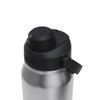 A drink bottle with a stainless steel body and a black, secure lid featuring a spout and lever. It has a logo.