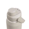 A drink bottle in a light grey colour with a twist cap and a handle for easy carrying. It features a logo.