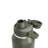A drink bottle in olive green with a wide mouth and a screw-on lid featuring a cap and a logo.