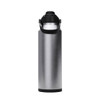 A drink bottle with a sleek silver exterior and black lid, featuring a built-in handle and a logo.