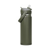 A drink bottle in olive green with a flip straw lid and carry handle, featuring a logo.