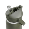 A drink bottle in olive green with a flip straw and a lid, featuring a branding logo.