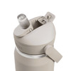 A drink bottle in a beige colour features a flip straw lid and a side lever for easy opening. It has a logo.