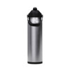 A drink bottle with a shiny silver stainless steel body and a black flip straw lid. It features a built-in handle.