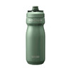 A drink bottle in a muted green colour, featuring a textured body and a screw-on cap, along with a logo.