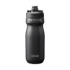 A drink bottle in black with a contoured shape, featuring a branded logo and a push-pull cap.