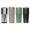 A drink bottle set featuring four tumblers in silver, beige, green, and black, each with a logo.