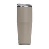 A drink bottle in a muted beige colour with a stainless steel lid and a logo on the side.