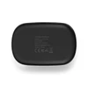 A black charging case for wireless earbuds featuring model information and specifications on the underside.