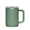 A drink bottle with a green finish, featuring a handle and a clear lid, along with a brand logo.