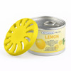 A yellow air freshener can with a citrus aroma, featuring a lid shaped like a sun and a label indicating "Lemon".