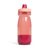 A drink bottle in shades of pink with a screw-top lid and a logo on its body.