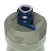 A drink bottle in olive green with a grey cap and a blue spout, featuring a brand logo on the side.