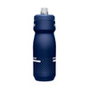 A drink bottle with a navy body and a flip top, featuring a logo and a dotted design.