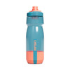 A drink bottle featuring a blue and orange design with a logo. It has a flip-top cap and a tapered body.