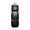 A drink bottle in black with a textured design and a tapered top, featuring a spout and a logo.
