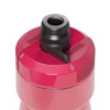 A drink bottle in vibrant pink with a black nozzle and a logo on the side.