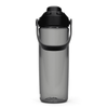 A drink bottle in translucent grey with a black lid and handle, featuring a logo on the side.