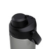 A drink bottle in black, featuring a secure lid and a handle, with a transparent body. It includes a brand logo.