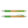 A bamboo pen with silver accents and bright green grip and clip sections. The pen features a logo.
