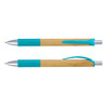 A bamboo pen featuring a silver tip and turquoise accents. It includes a textured grip and a clip.