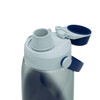 A drink bottle in grey and navy with a chug-style spout and a secure lid, featuring a branding logo.
