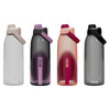 A drink bottle in four colours: clear, purple, coral, and grey, featuring a flip-top lid and a logo.
