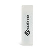 A mini lint roller in a sleek white design, featuring a logo on one side.