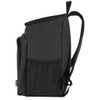 A black cooler backpack with adjustable straps and a side mesh pocket, designed for carrying food and drink essentials.