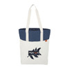A tote bag with a cream body, navy blue top and straps, featuring a branded logo on the front.