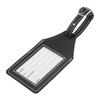 A black luggage tag with a clear ID window and a buckle strap, featuring white stitching details.