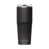 A drink bottle in matte black with a clear lid and a logo at the base.