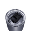A drink bottle featuring a silver body and a black lid, designed for convenience. It has a logo on the lid.