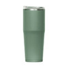 A drink bottle with a sleek design, featuring a matte green finish and a stainless steel top. It has a logo.