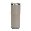 A drink bottle in a matte beige colour with a metal lid and a clear plastic top. It features a logo.