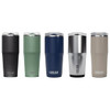 A drink bottle collection featuring five CamelBak tumblers in black, green, navy, silver, and beige, with branding.